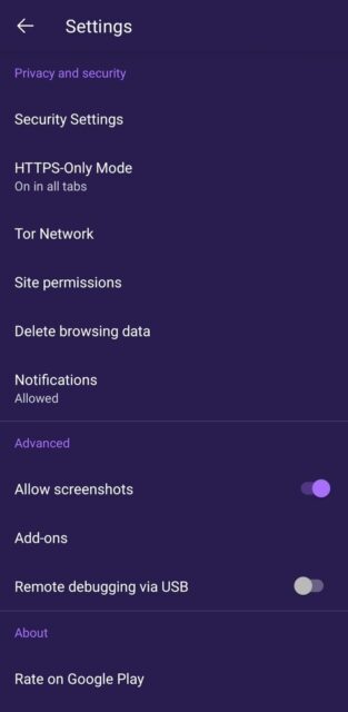 Tor browser settings menu on Android