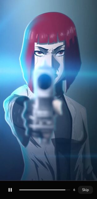 Cutscene of Woman aiming gun at screen on Storiaverse app