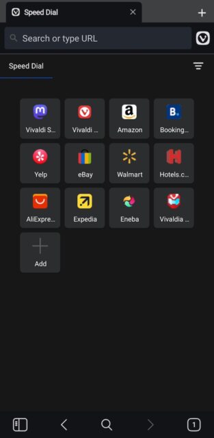 Vivaldi browser homepage on Android
