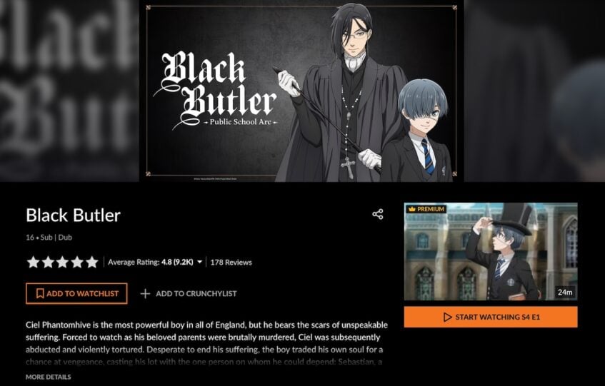 Black Butler anime on Crunchyroll website