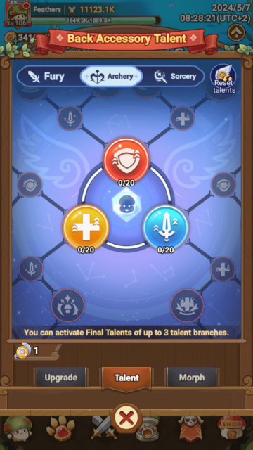 The Archery Talent page in Legend of Mushroom.