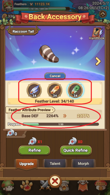 The base attributes/ stats for a Back Accessory in Legend of Mushroom.