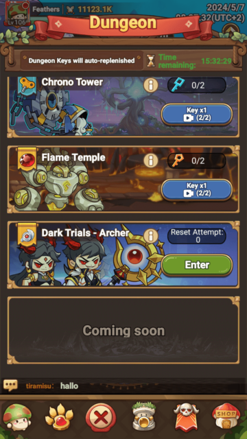 The Dark Trials section under the Dungeon tab in Legend of Mushroom.