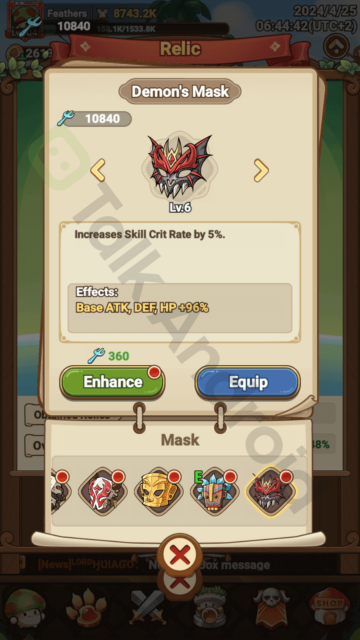Copyrighted image of the Demon's Mask relic overview in Legend of Mushroom.