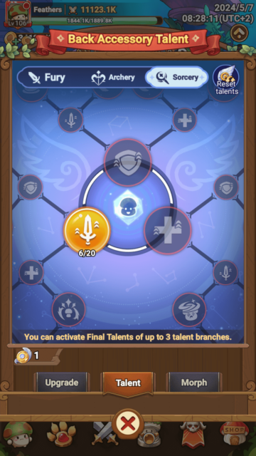 The Sorcery Talent page in Legend of Mushroom.