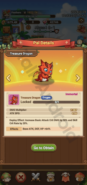 Copyrighted image of the Treasure Dragon's pal overview in Legend of Mushroom.
