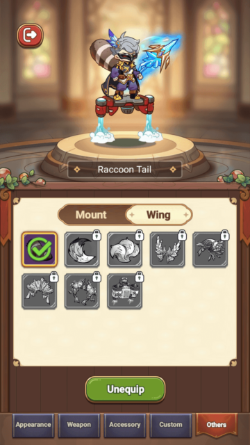 The Wing Appearance section in Legend of Mushroom.