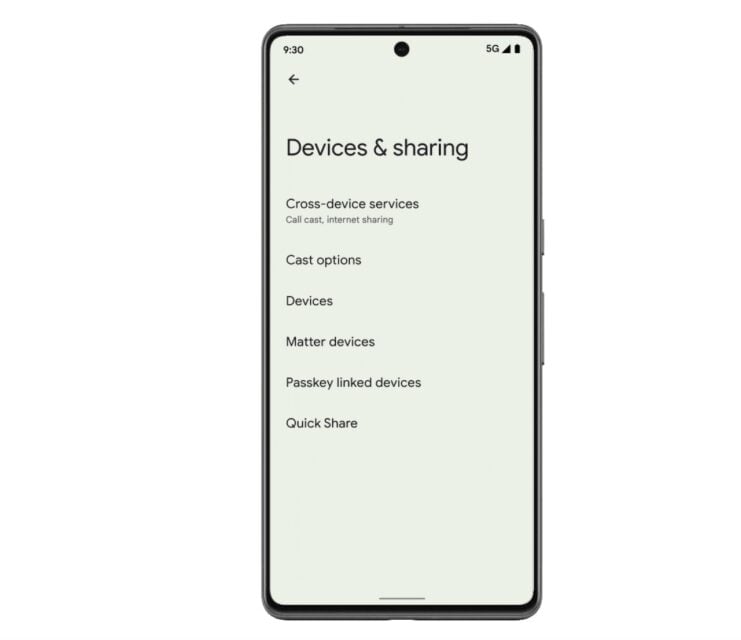 Devices and sharing menu on Google Pixel phone