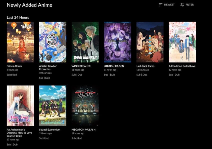 Newly added anime on Crunchyroll website