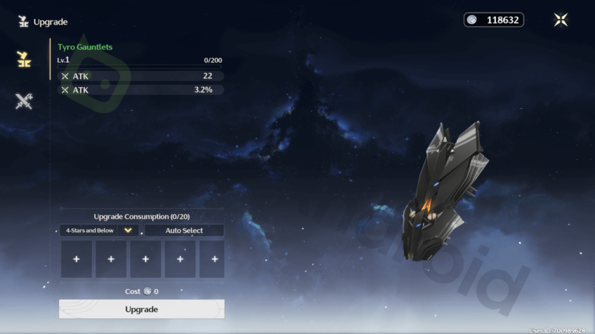 Copyrighted image of the Tyro Gauntlets being upgraded in Wuthering Waves.