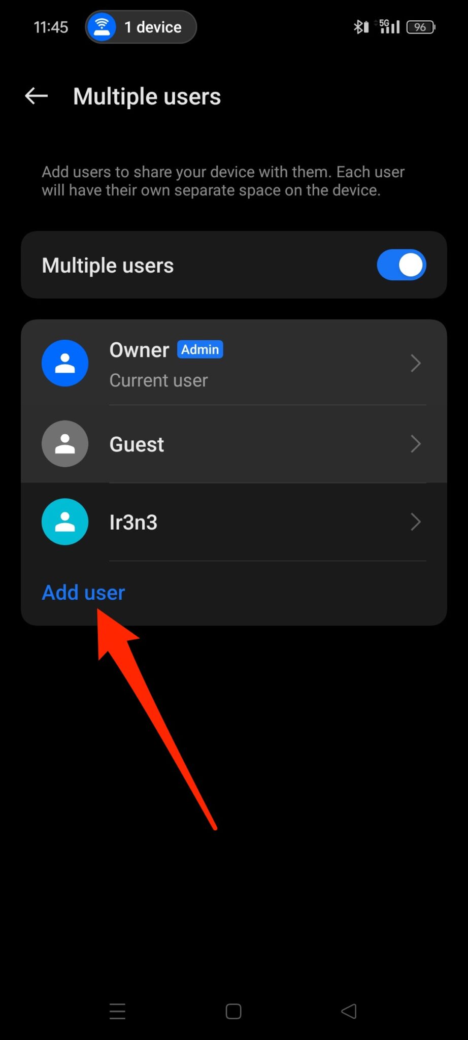 Add user option in Multiple users menu on Android