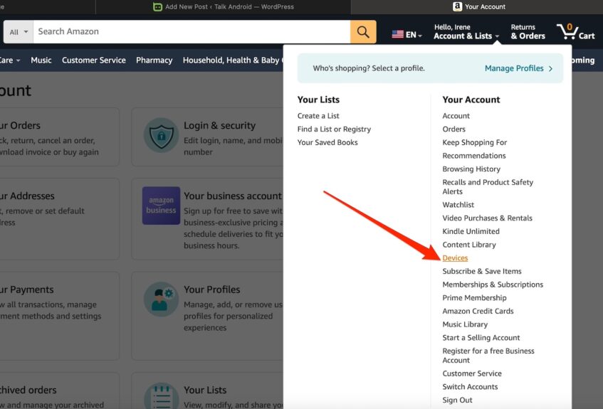 Amazon account options on the website