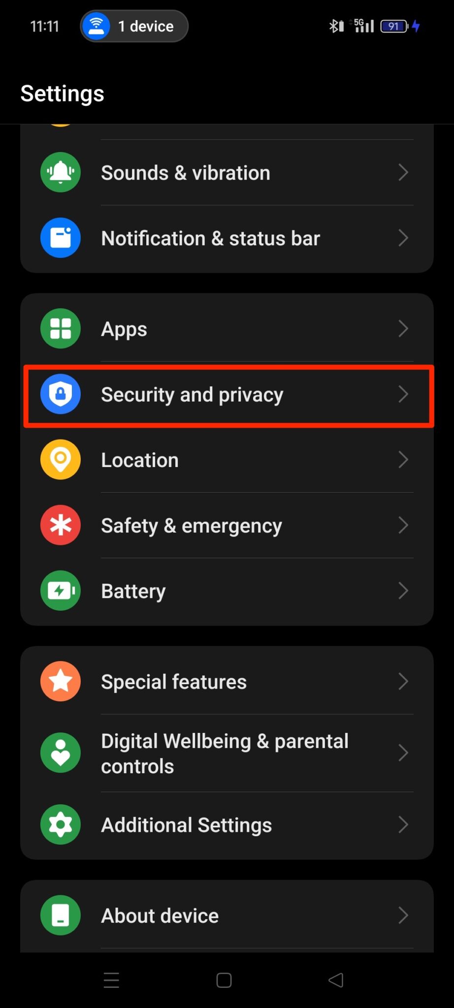 Android phone settings menu