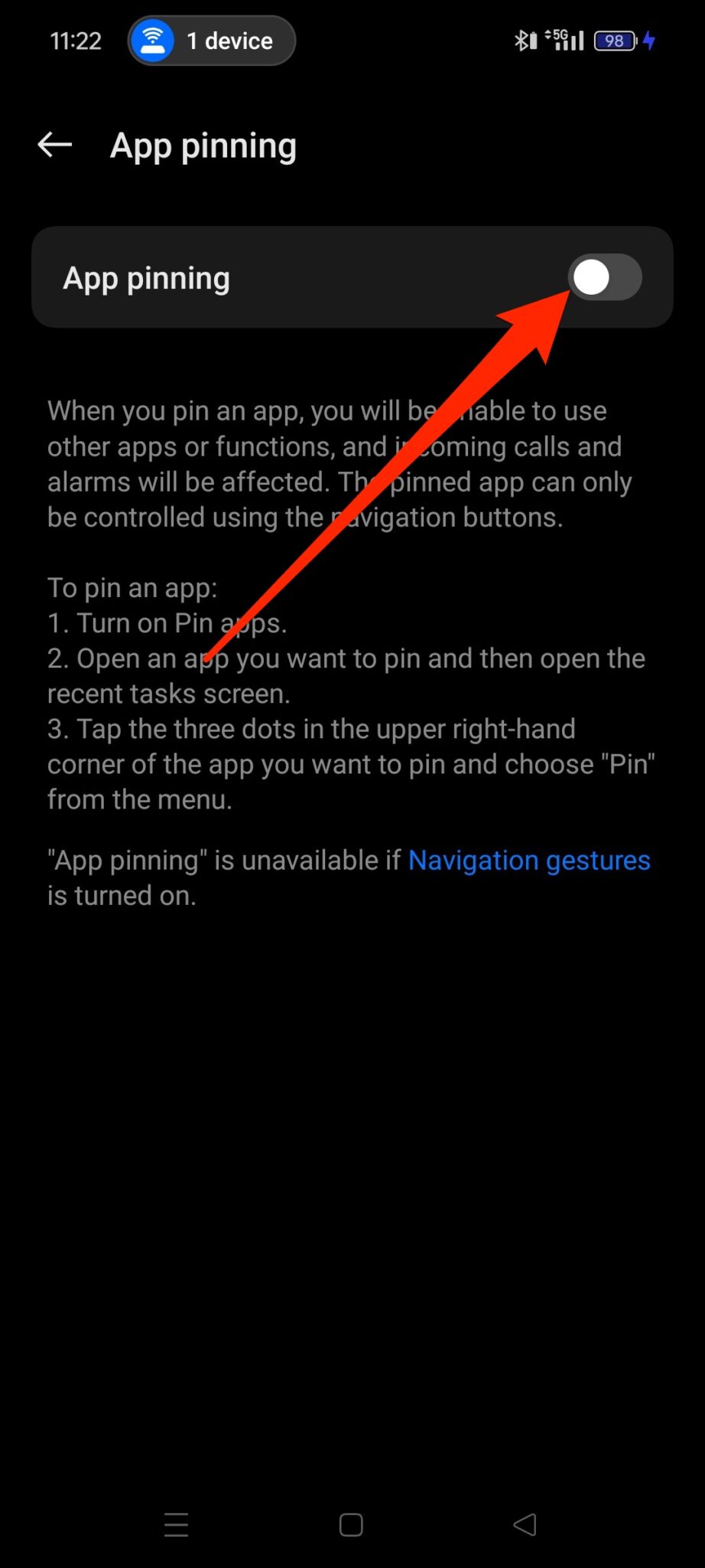 App pinning menu on Android