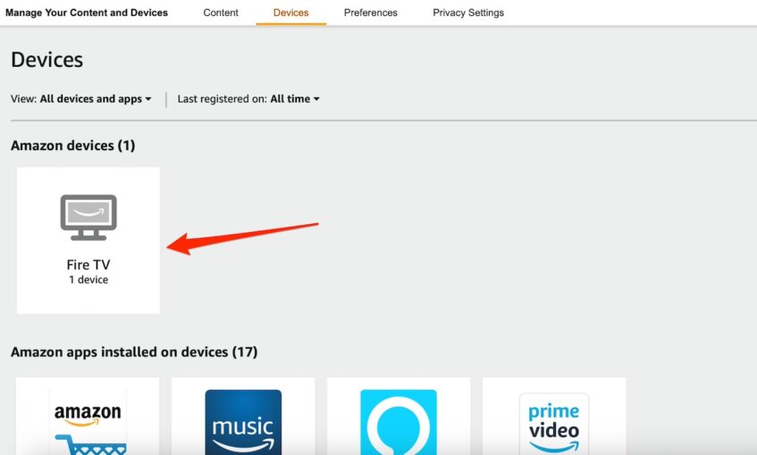 Devices menu on Amazon account