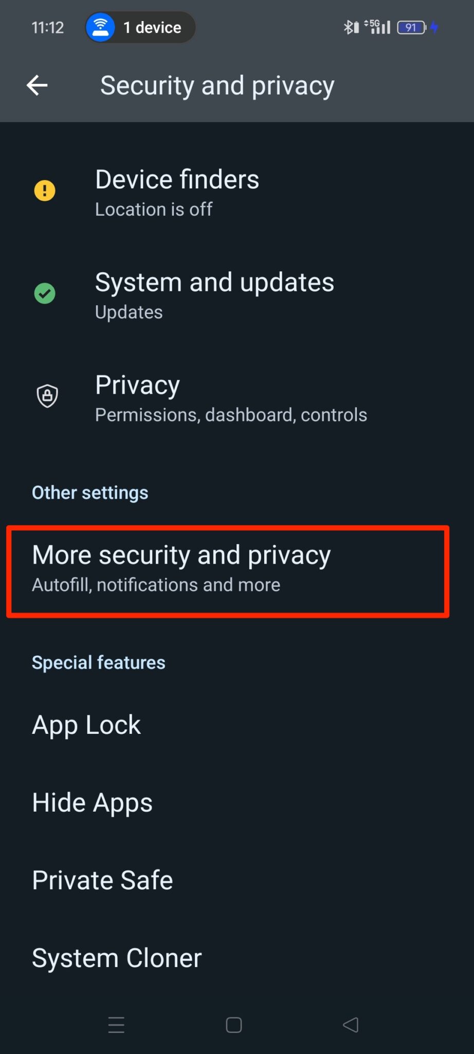 Security and privacy menu on Android