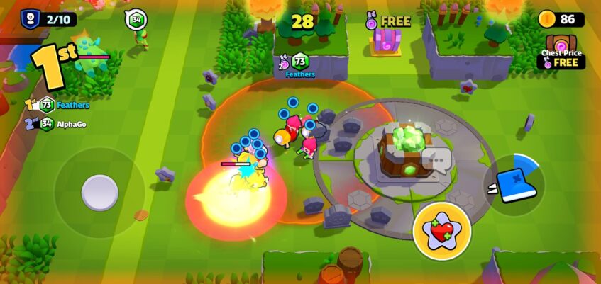 A player with 73 Gems collected fighting with a medium-level monster in Squad Busters.