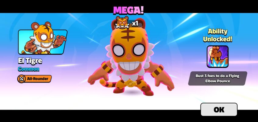 El Tigre's Mega unlocked screen in Squad Busters.