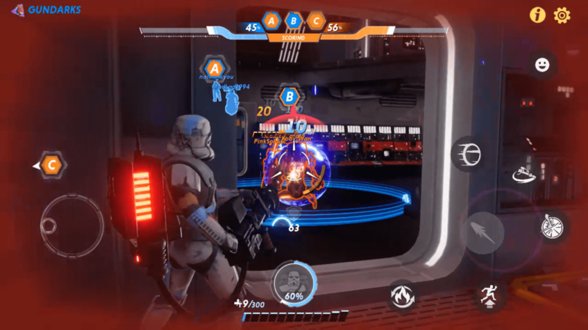 A Sentinel attacking two enemy players in Star Wars: Hunters.