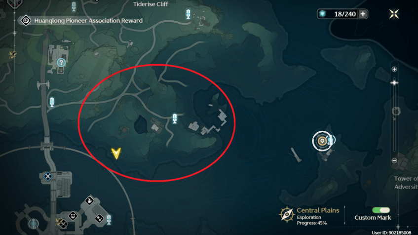 Copyrighted map image of the area located at Jinzhou's North-East exterior in Wuthering Waves.