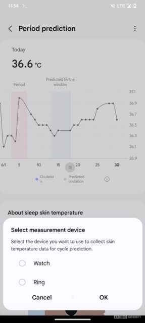 Period prediction menu on Samsung Health app