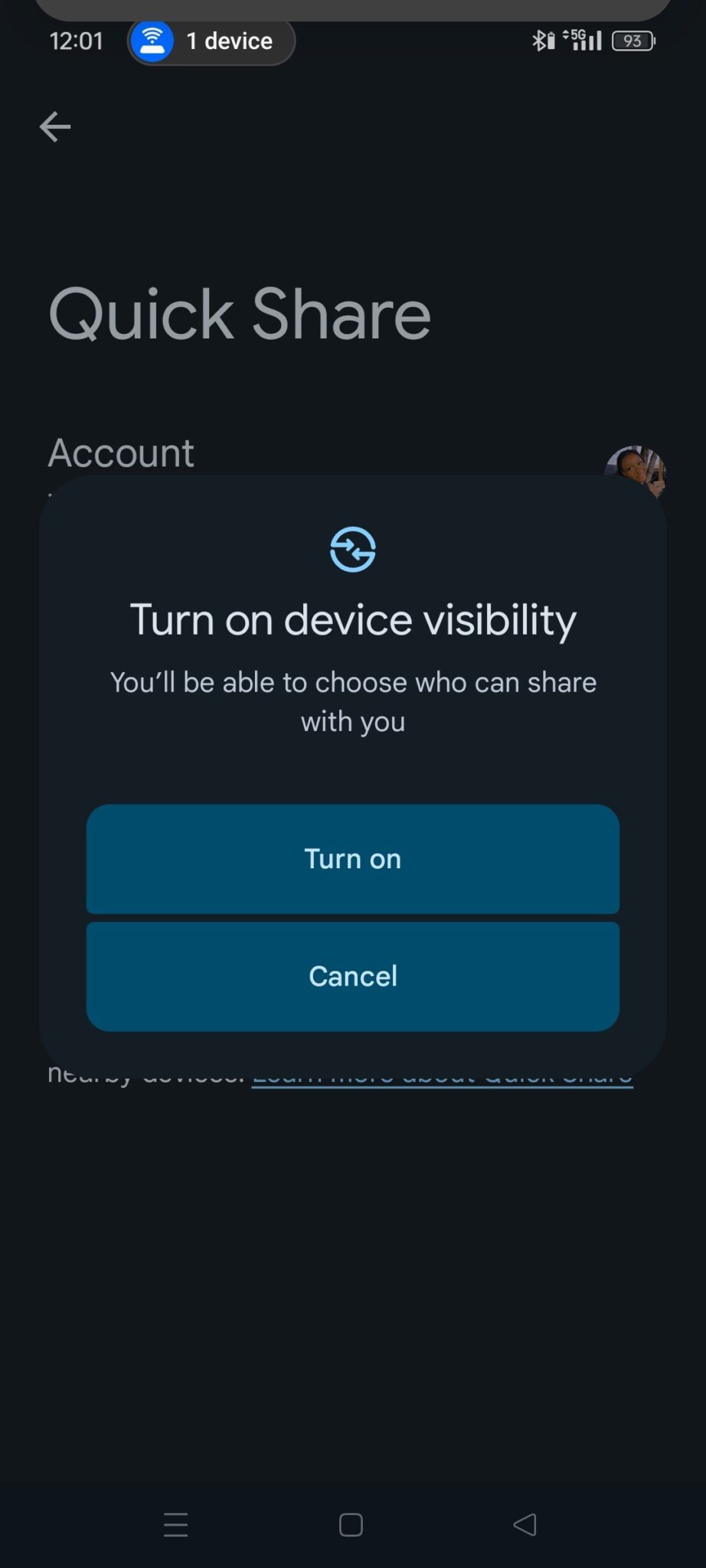 Quick Share device visibility on Android