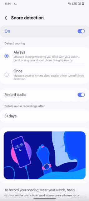 Snore detection menu on Samsung Health app