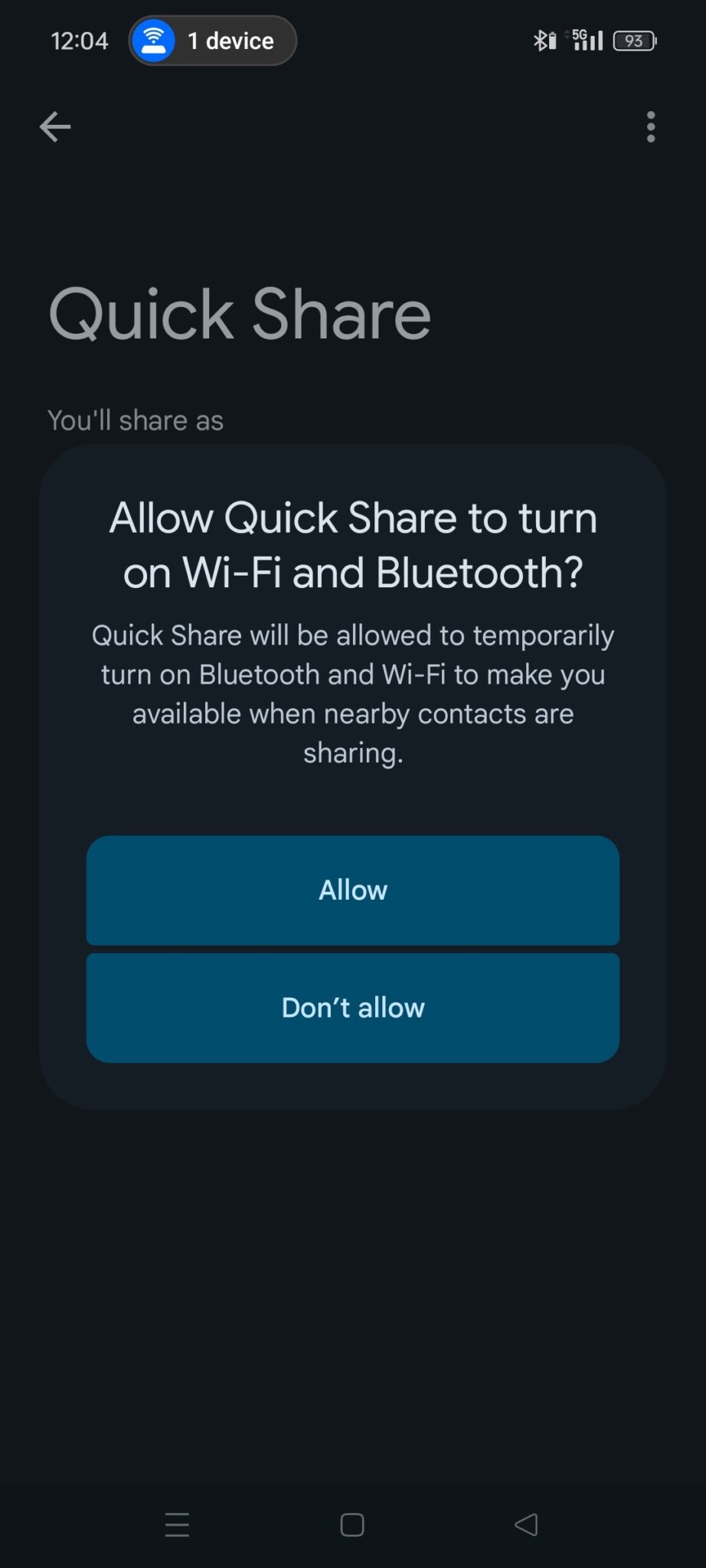 WiFi and Bluetooth prompt in Quick Share on Android