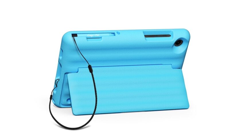 Back of the Samsung Galaxy Tab A9 Plus Kids Edition in blue kickstand case 