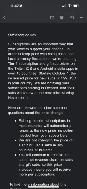 Twitch email notification about Tier 1 price increase August
