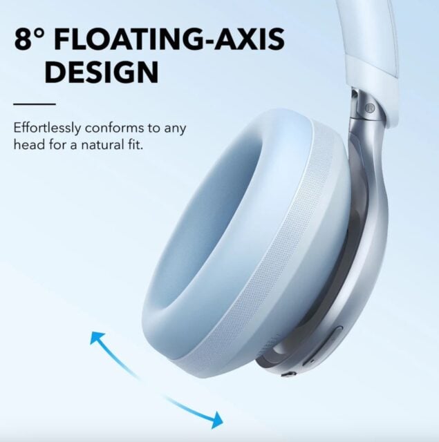8-degree floating axis design on Soundcore Space One headphone