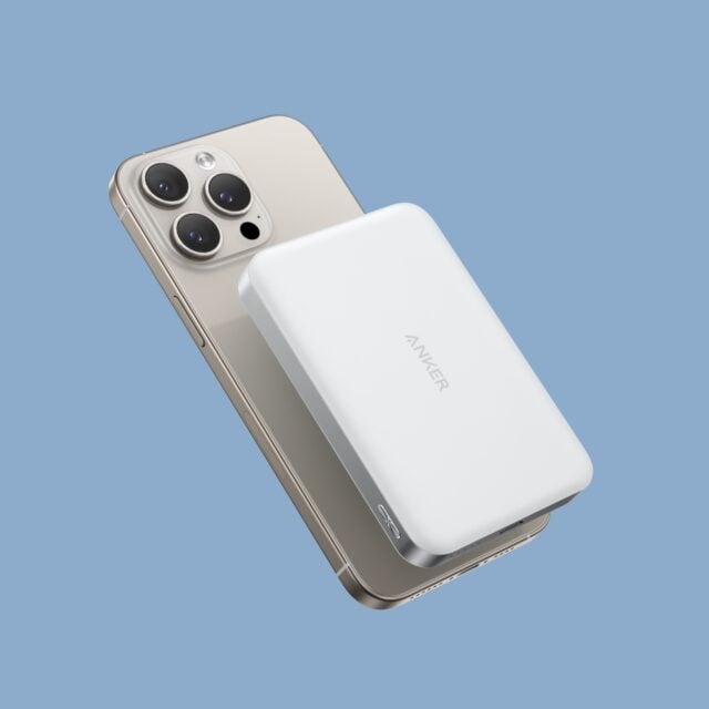 Cream iPhone with Anker 10K slim power bank on the back