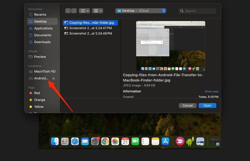 Android phone connected to MacBook with USB detected in Finder