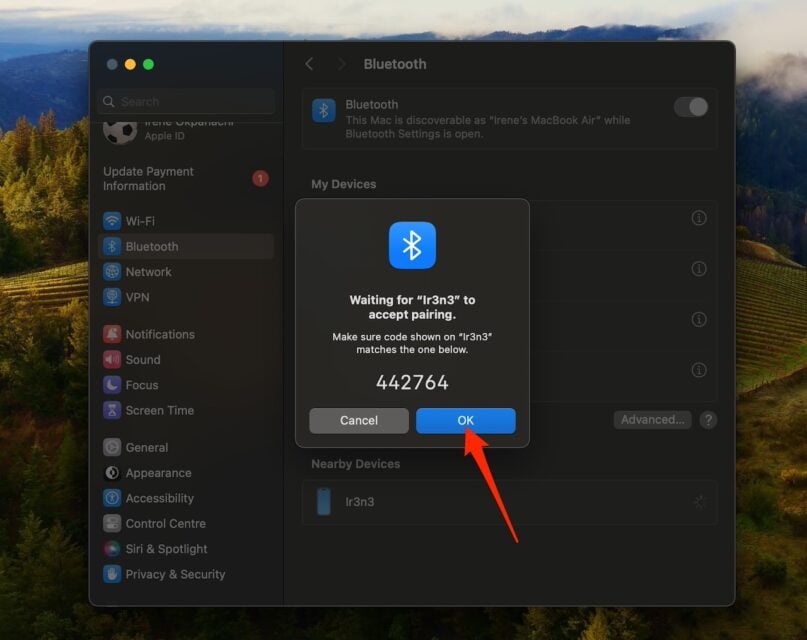 Connection pairing request showing matching code for Android on MacBook