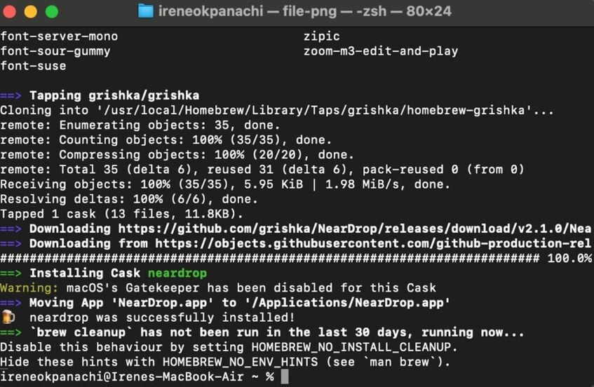 Installing NearDrop with Homebrew on MacBook via Terminal
