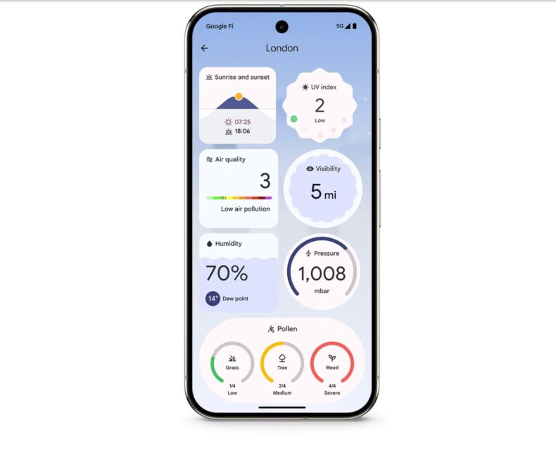 Pixel weather app mockup on Pixel phone