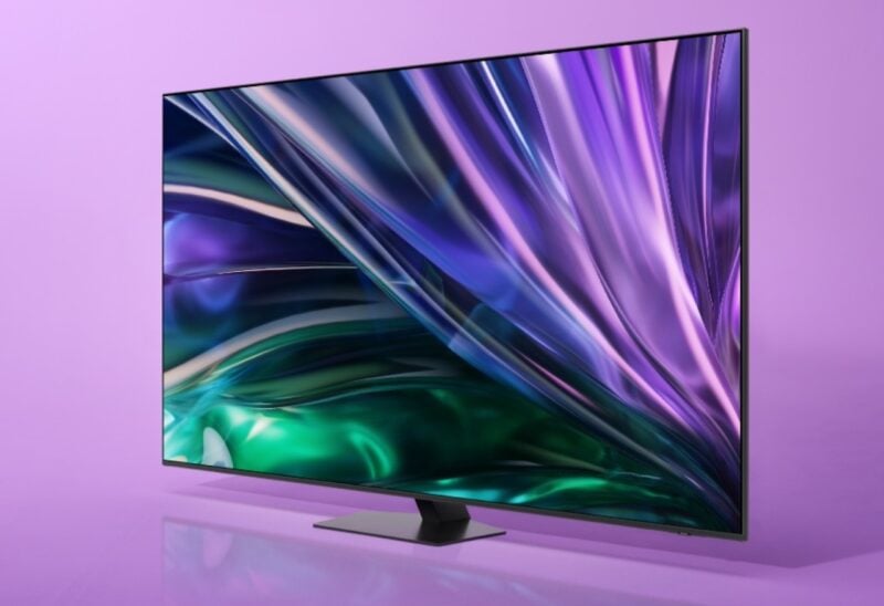 Samsung TV in front of purple background