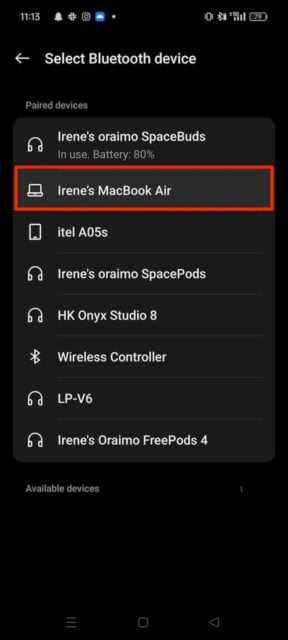 Selecting MacBook Bluetooth device to send Android files