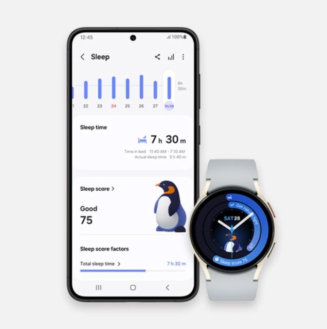 Galaxy watch beside Android phone with sleep monitoring menu open