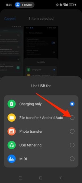 Selecting File transfer and Android Auto option for USB connection on Android