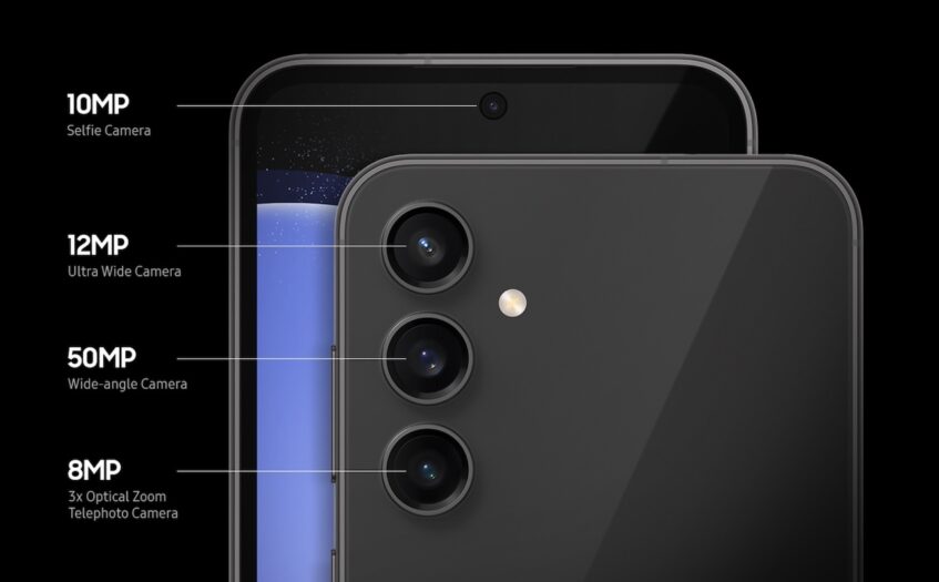 Closeup shot of Galaxy S23 FE camera with lines highlighting the setup