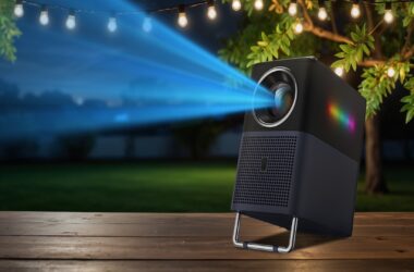 TCL Projector A1 on table with string lights and trees in the background