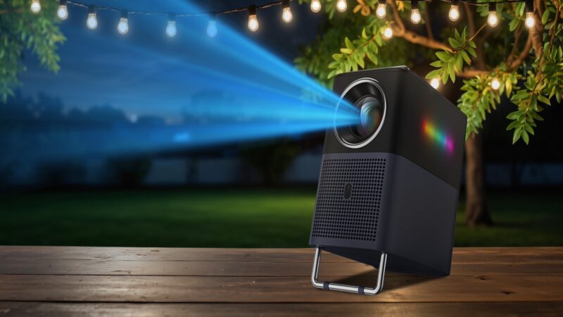 TCL Projector A1 on table with string lights and trees in the background