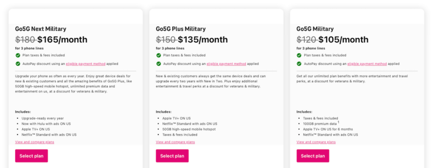 Military plans for three phone lines on T-Mobile website
