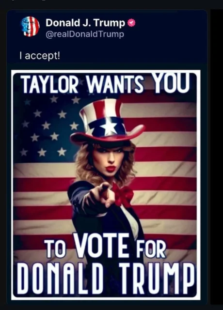Deepfake of Taylor Swift advocating for Donald Trump presidency