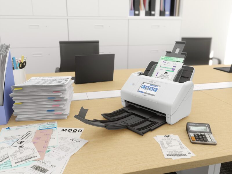 White and black scanner on table beside stacks of paper