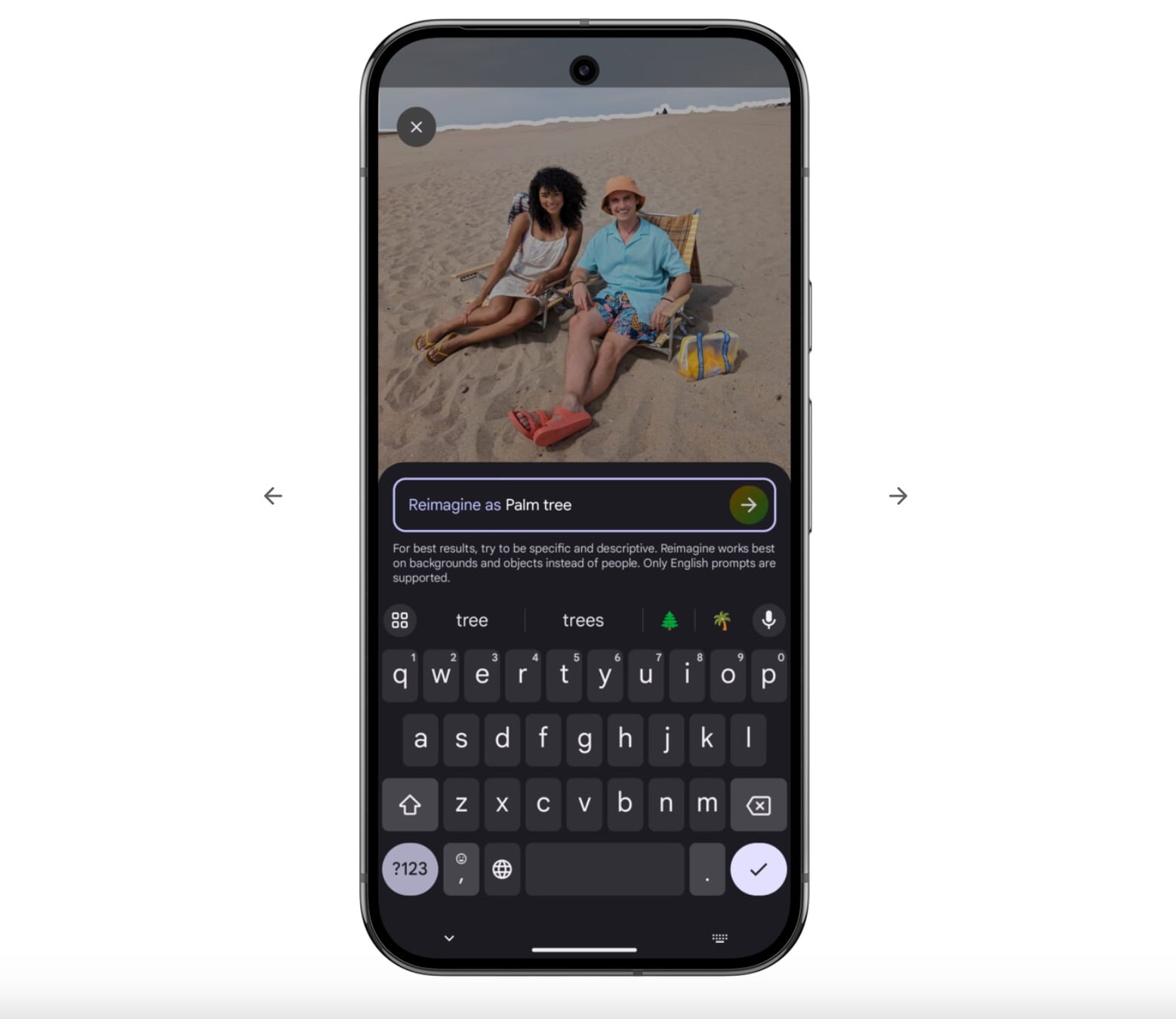 Text box with prompt to reimagine photo backgrounds as palm tree in Google Photos