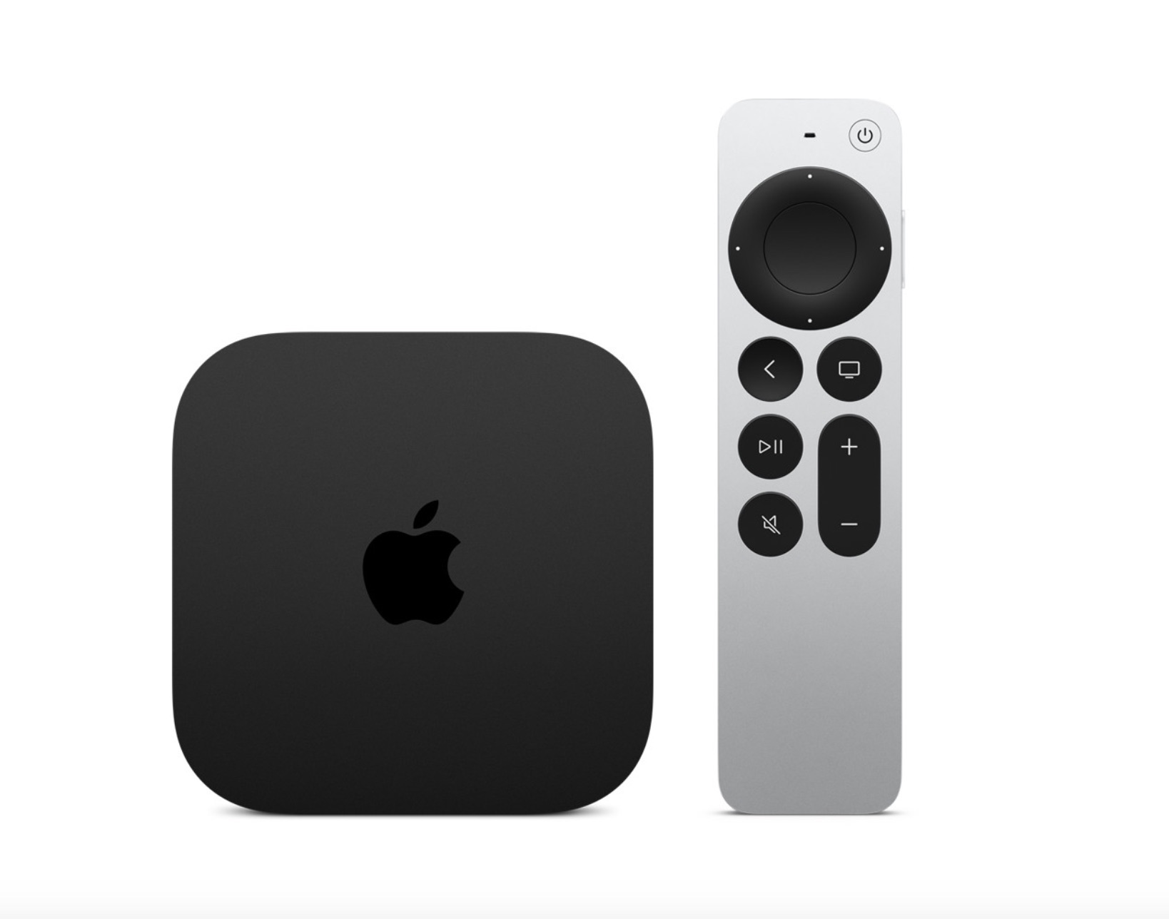 Black Apple TV 4K box beside silver remote control with black buttons