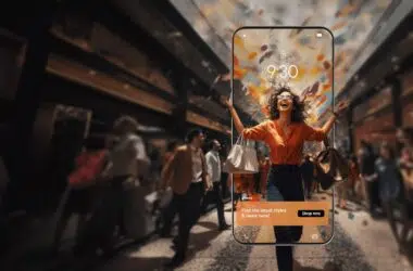 AI image of happy woman popping out of phone lock screen mockup