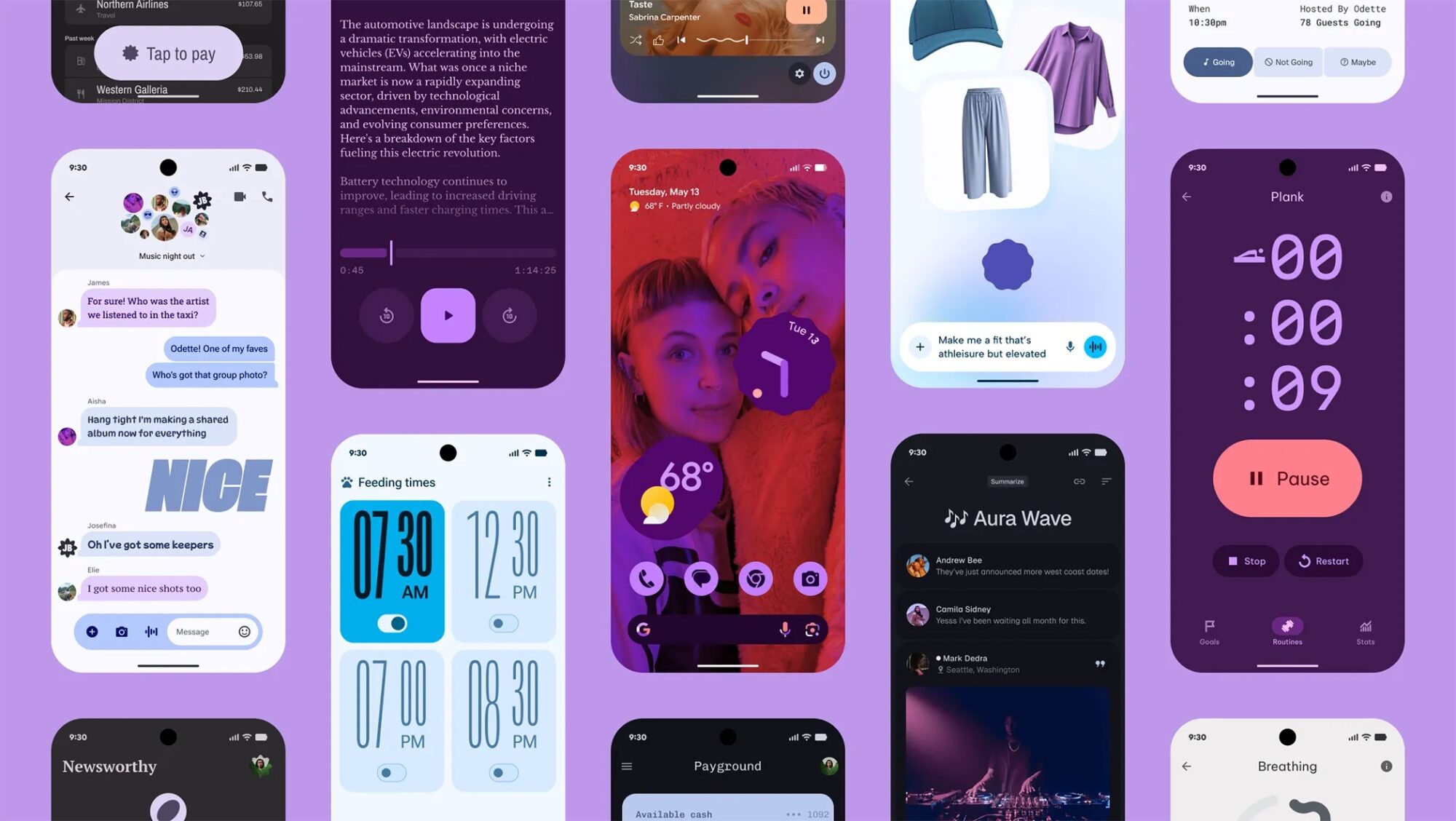 Materia 3 Expressive design renders of different apps with purple theme